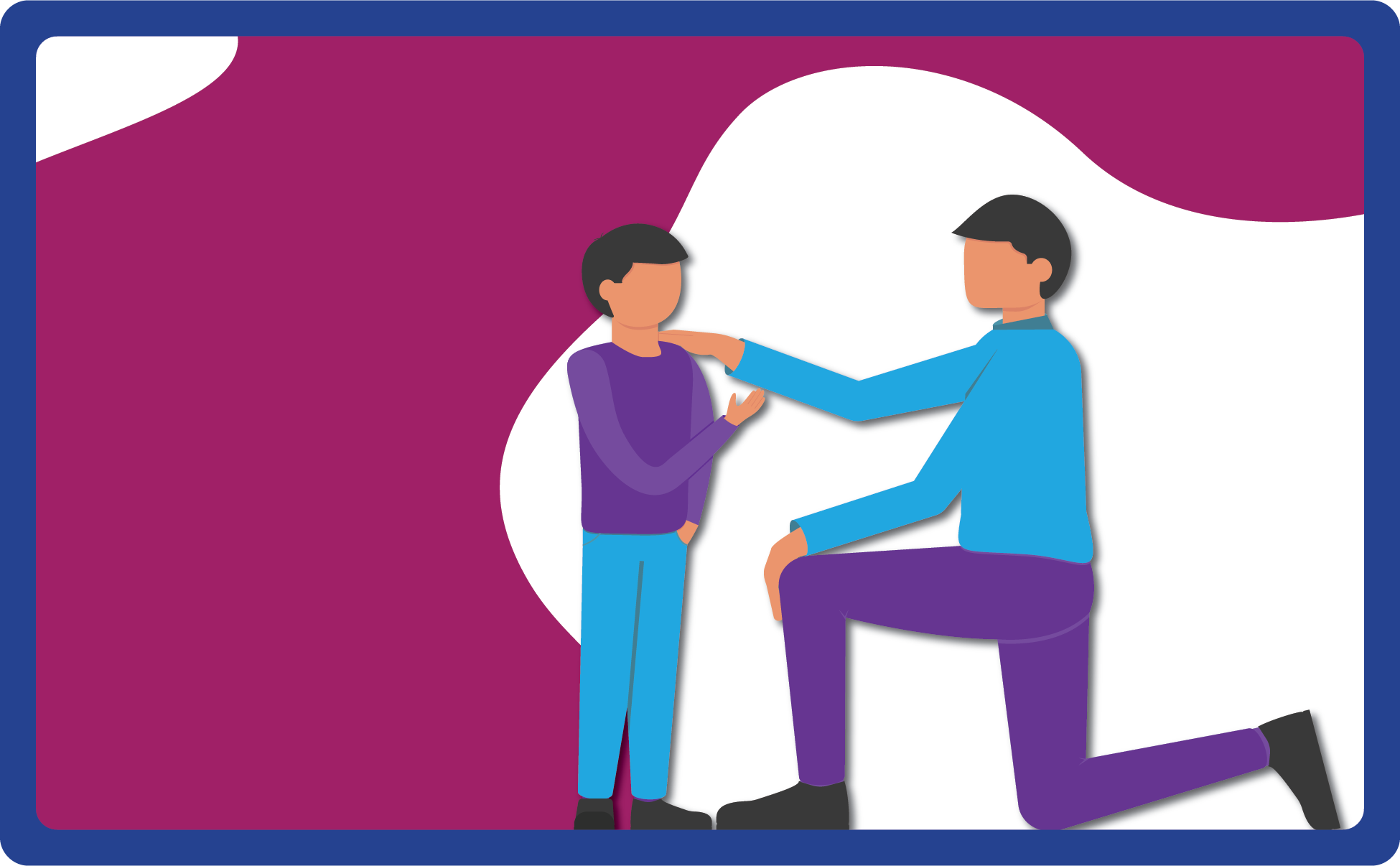 This is an artist rendering of an adult kneeling to give comfort and support to a youth. 