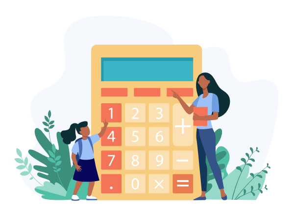 A graphic illustration&nbsp;of a woman and young girl in front of a bright life-size calculator